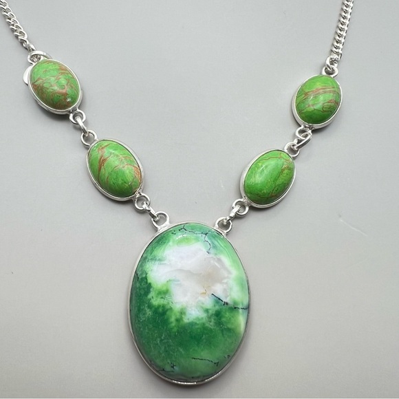 New Green Dendritic Opal Stone w Mosaic Jasper Silver Overlay Necklace 17” - Picture 7 of 13